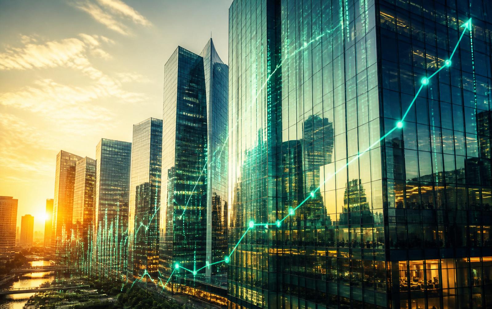 Business district skyline with growth chart overlay